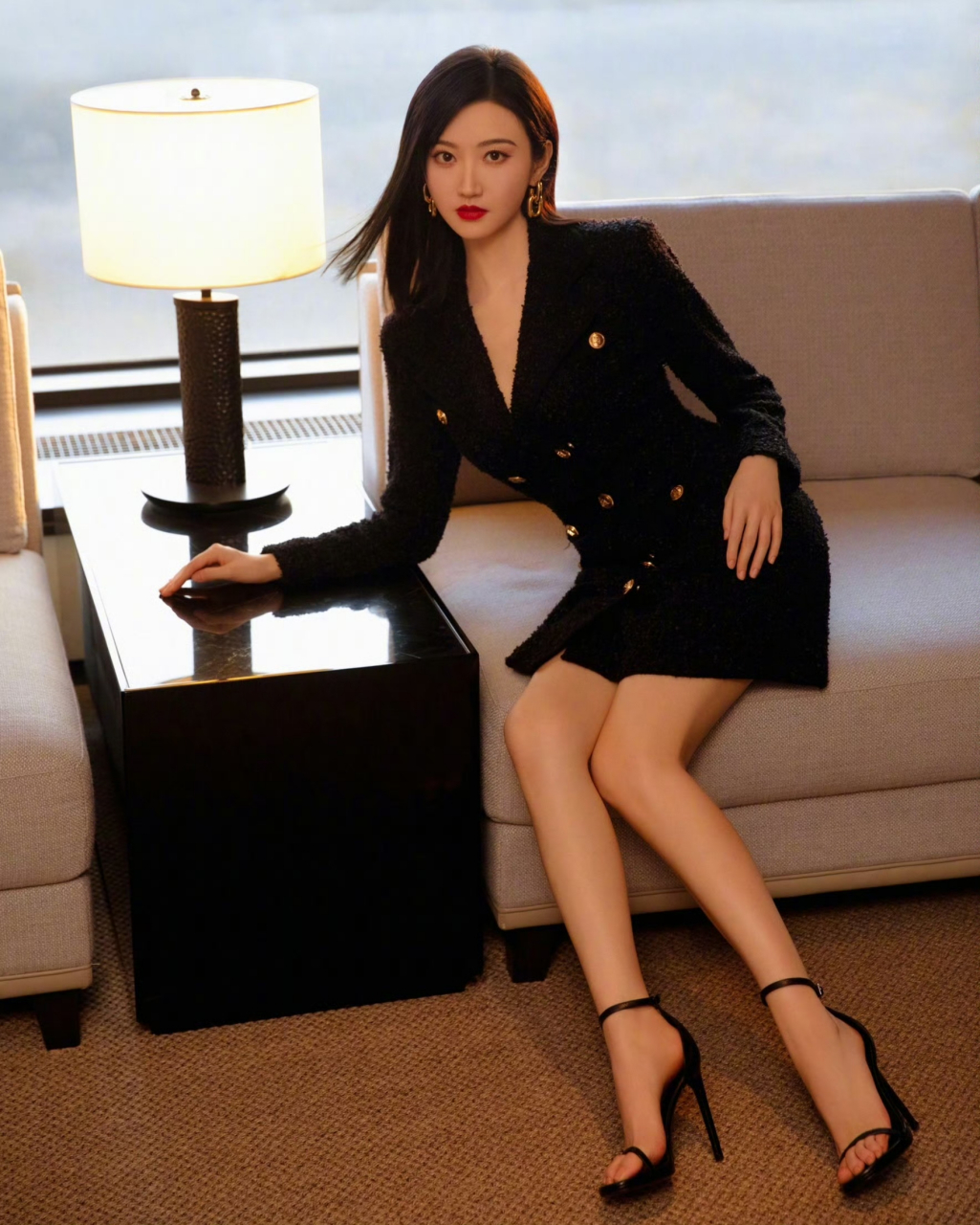 景甜的脚丫真是太美了.黑色短裙显腿长