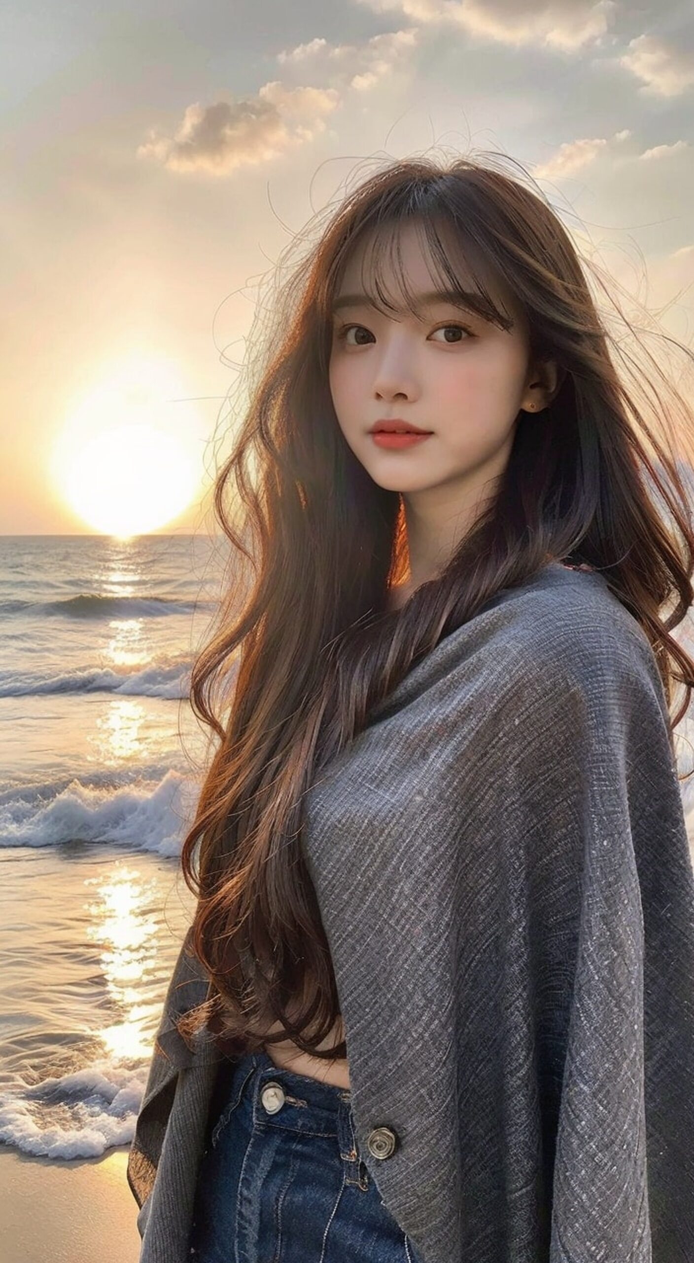 这位小姐姐好漂亮啊!她站在沙滩上,阳光和海浪相互映衬,显得格外养眼.