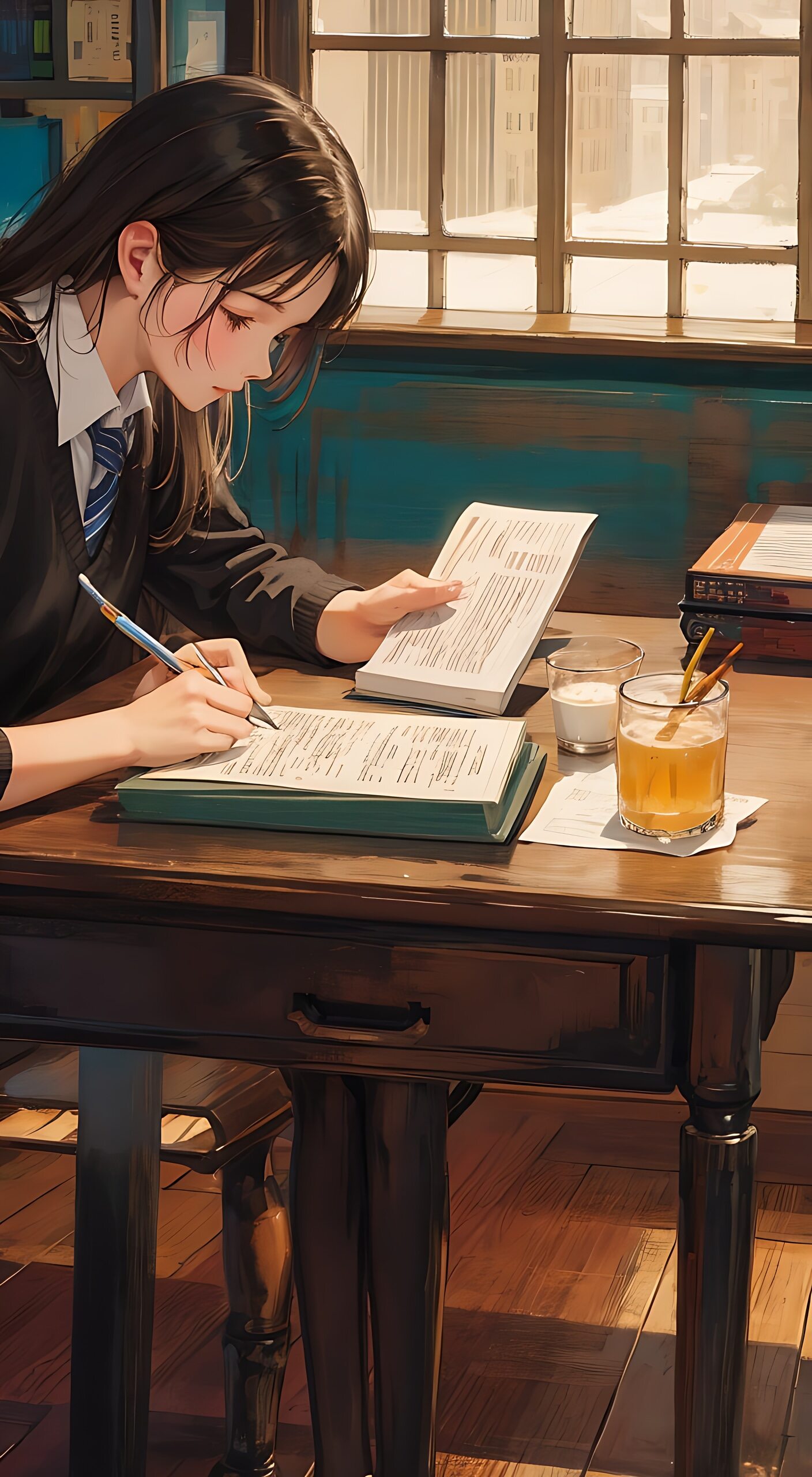 标题:书桌上的少女与文字的舞蹈