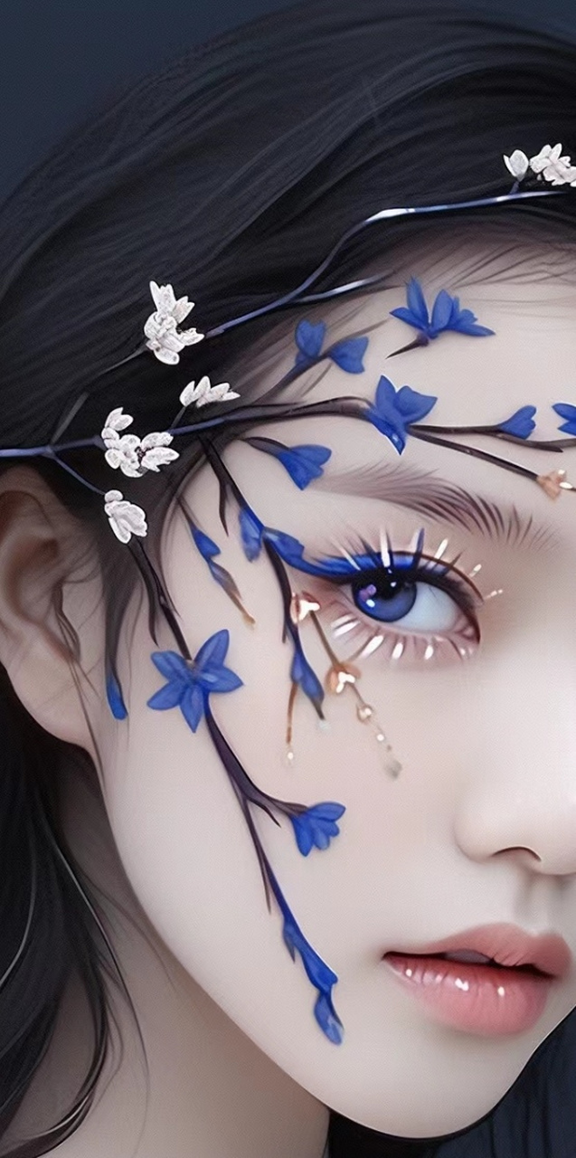 美女壁纸 鲜花半面美女壁纸分享95,犹抱琵琶半遮面,脸上绘画了美丽