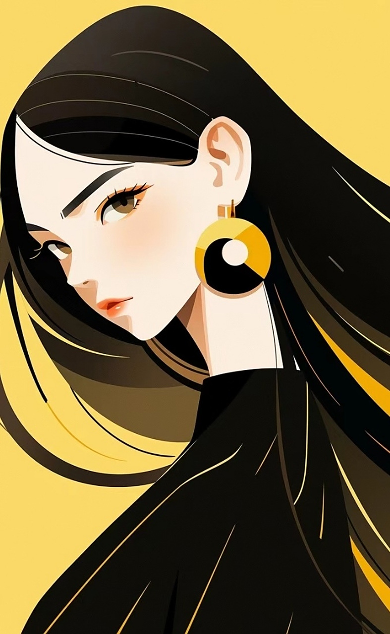 美女壁纸|长发飘飘的女孩,在黑色和黄色的衬托下显得很时尚,更加的
