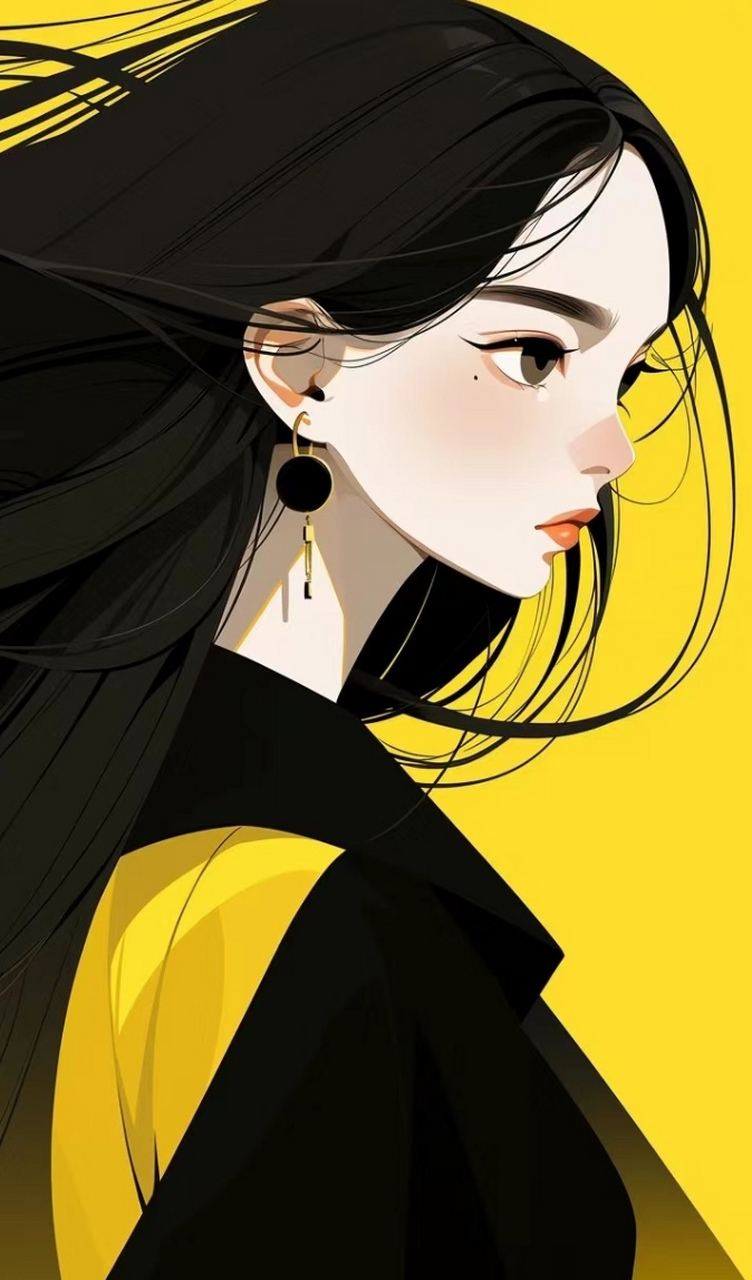 美女壁纸|长发飘飘的女孩,在黑色和黄色的衬托下显得很时尚,更加的