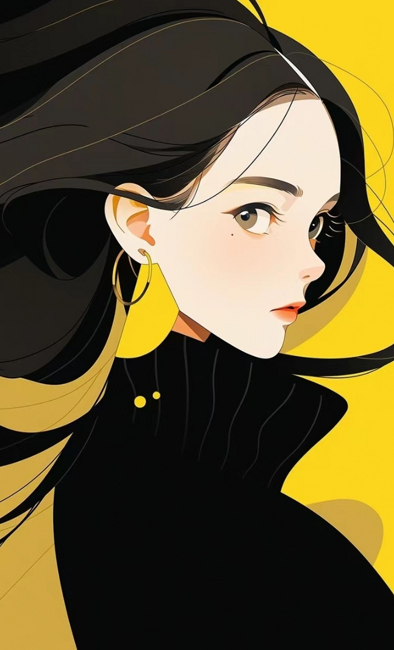 美女壁纸|长发飘飘的女孩,在黑色和黄色的衬托下显得很时尚,更加的