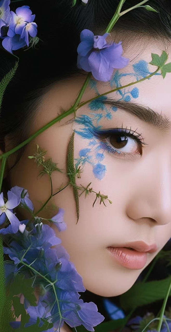 美女壁纸 鲜花半面美女壁纸分享🌹,犹抱琵琶半遮面,脸上绘画了美丽