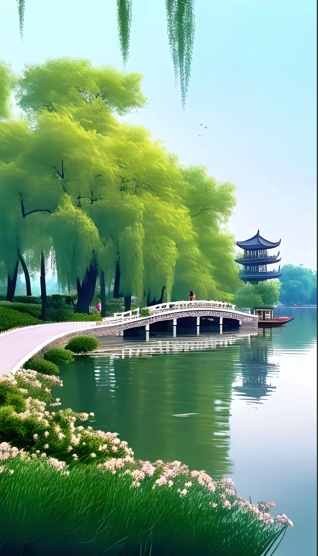 河水静静流淌,两岸柳树依依,绿意盎然,点缀着粉色的花朵,宛如春天的