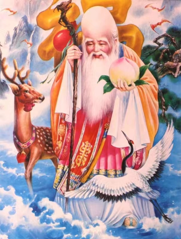 《福如东海,寿比南山》年画,作者是刘称奇,南极仙翁手拄龙头拐杖,身边