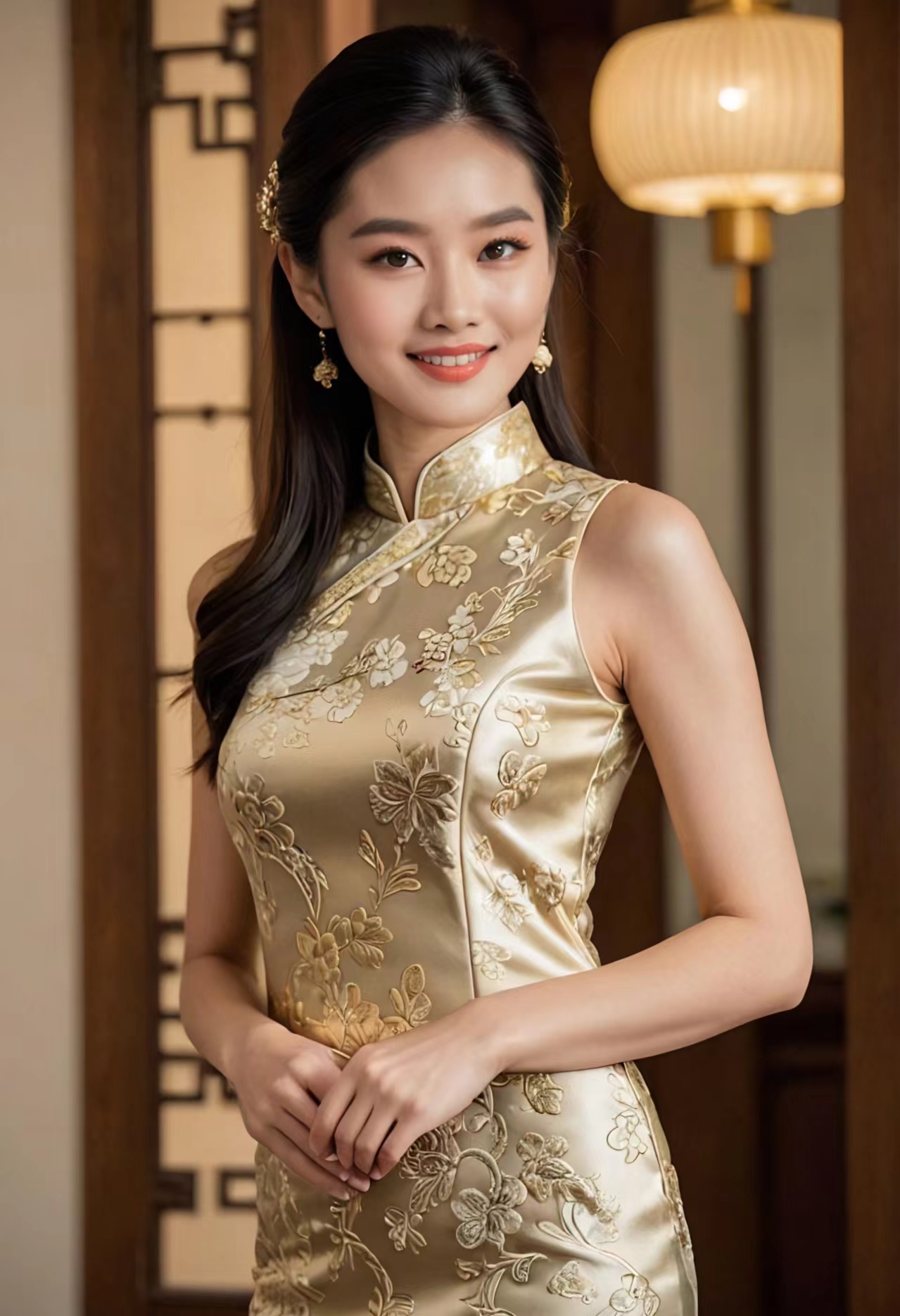 身穿金色旗袍的女子,气质高雅,端庄秀气,曼妙的身姿,婉约动人,令人