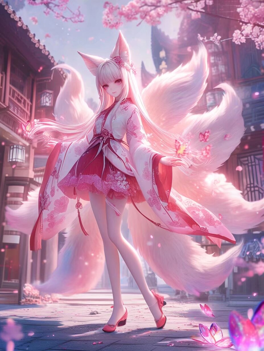 九尾狐仙,粉红长发随风轻舞,狐耳俏皮可爱