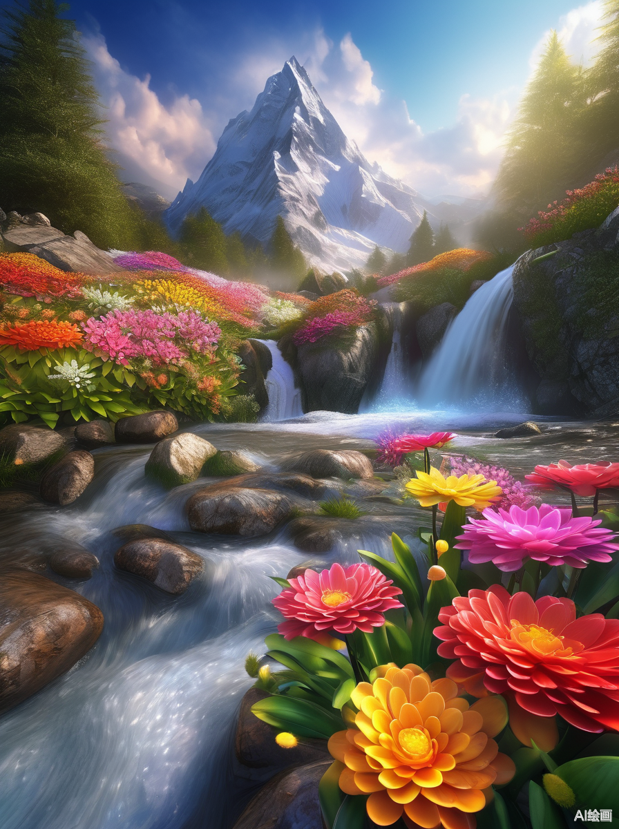 在春日的阳光下,彩色格桑花热烈绽放,宛如调色盘上的斑斓色彩,倾泻于