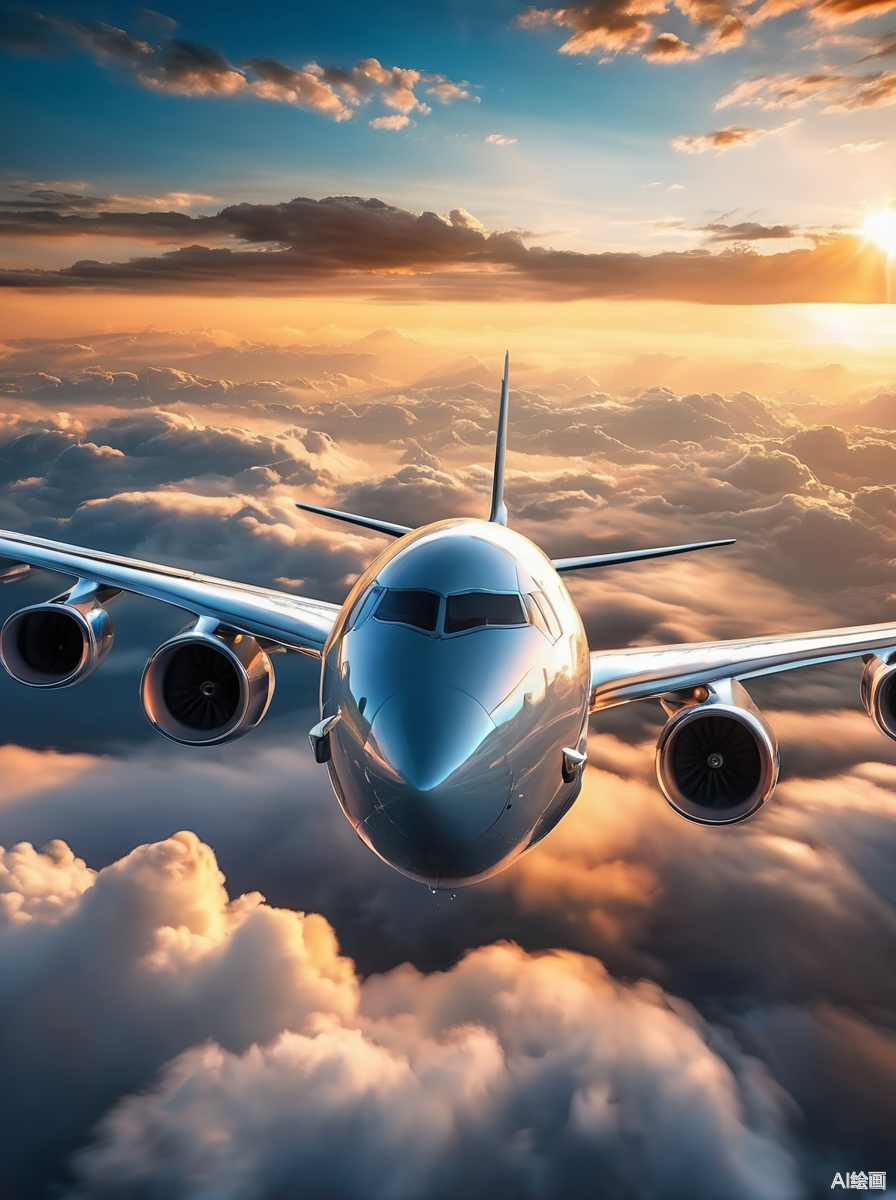 飞机在空中飞翔,如同一道银色的闪电划破天际,它的身影在蓝天与白云间