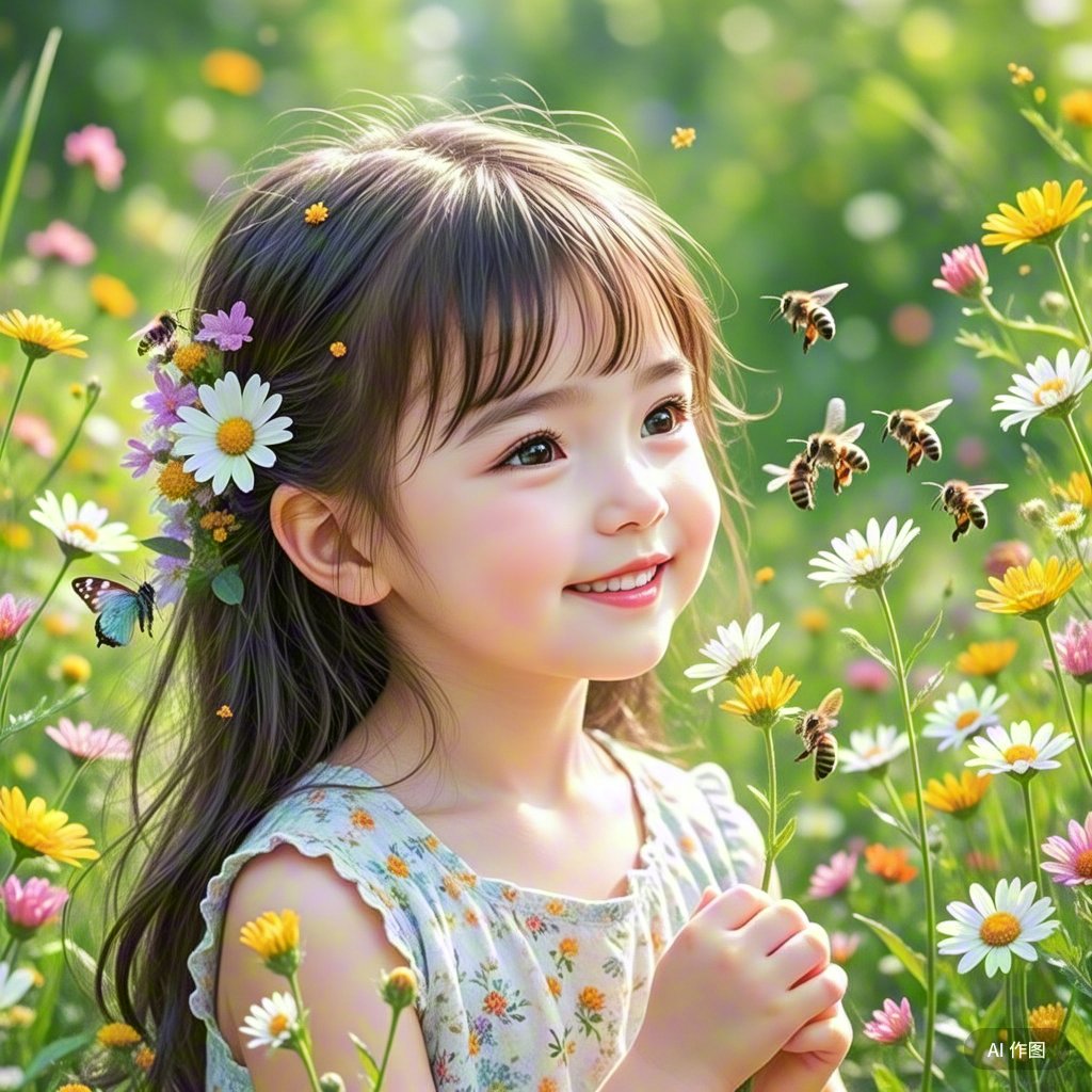 小女孩如春日花朵,纯真无邪,笑容温暖如阳光.