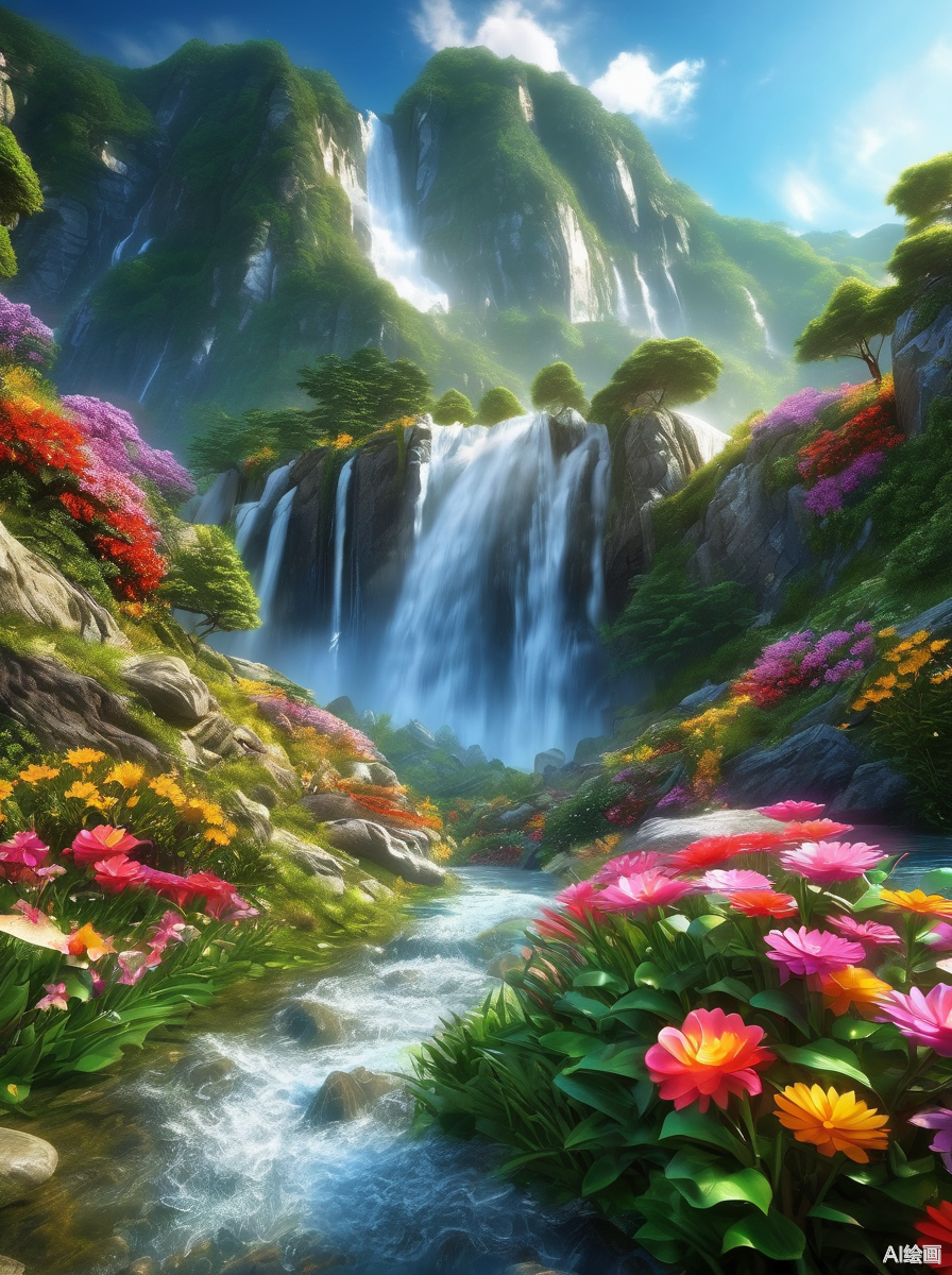 在春日的阳光下,彩色格桑花热烈绽放,宛如调色盘上的斑斓色彩,倾泻于