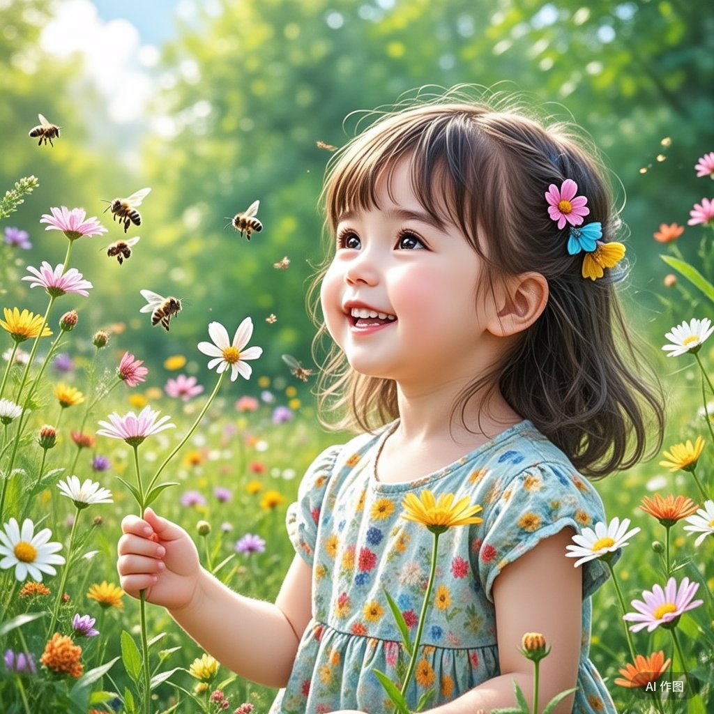 小女孩如春日花朵,纯真无邪,笑容温暖如阳光.