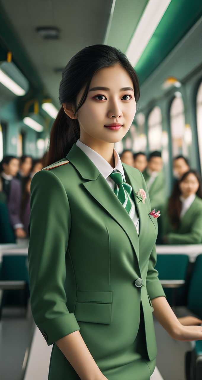 绿色制服魅力绽放,高铁女乘务员,专业与热情并存.
