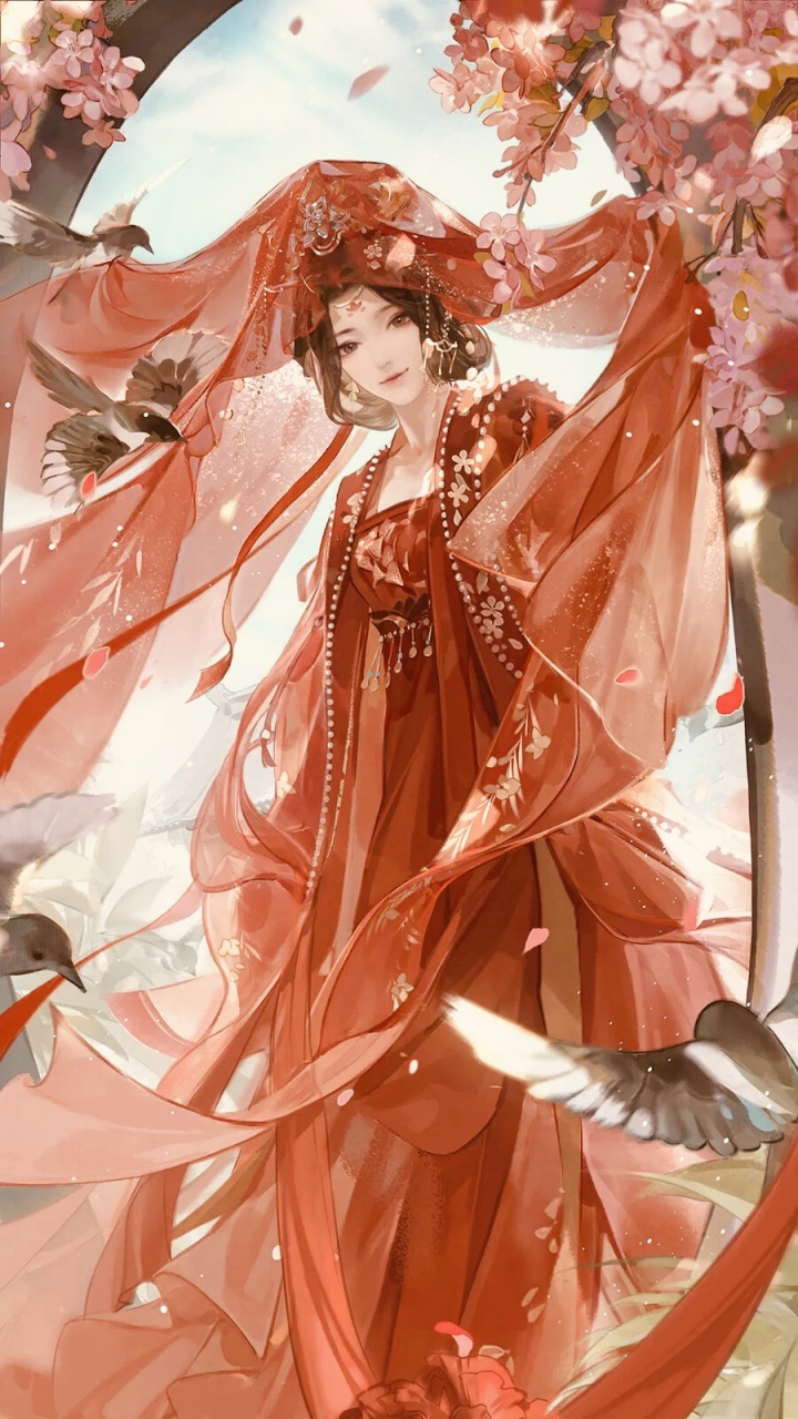 古风红衣壁纸:若有杯酒可寄月,何必满衣尽风尘#古风小分队# #古风插画