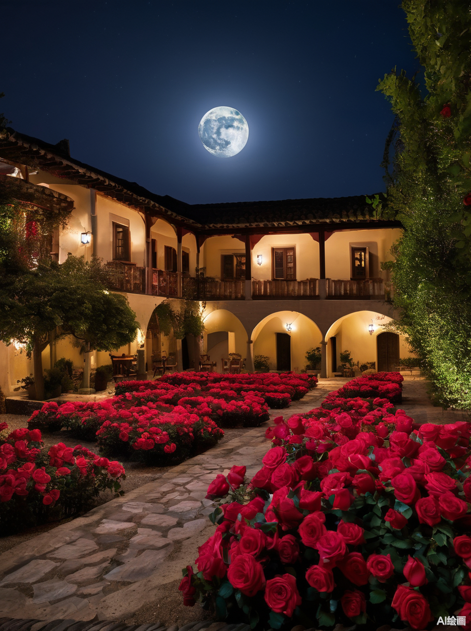 夜晚,灯光照亮了每一块砖,玫瑰花在夜幕下更加娇艳.