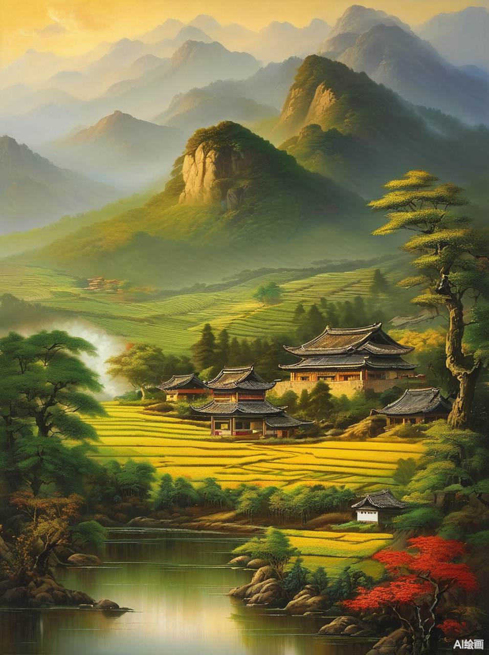 山峰,樱花树,房屋和河流,构成了一幅美丽的画面.