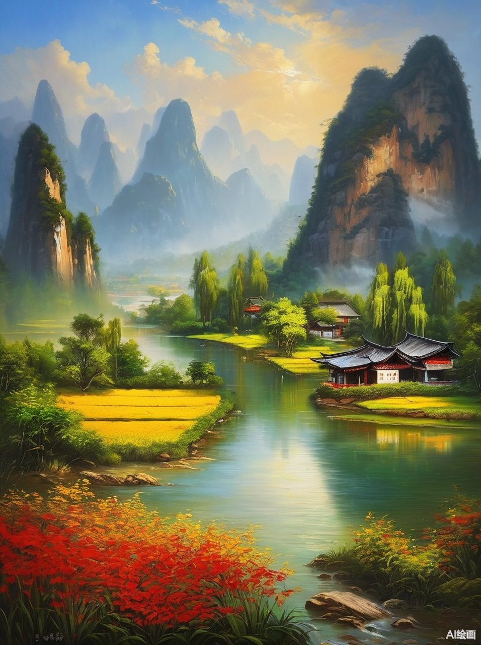 在这幅中国风的田园山水画中,山间的房屋,河流与划船的两人,仿佛在