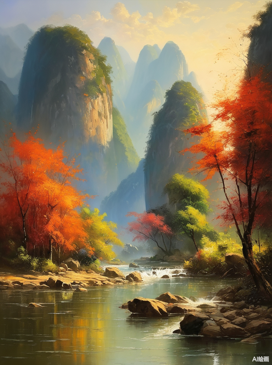 山间小溪,流水潺潺,红叶映水,山峰入云.