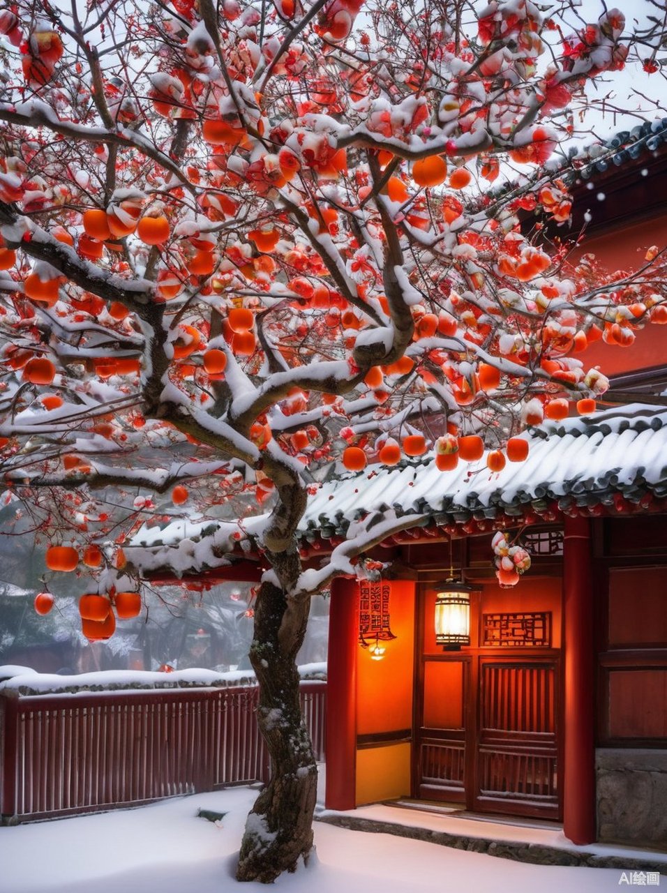 柿子树在雪中伫立,橙与白交织成一曲冬日的颂歌:生命在寒冷中更显坚韧