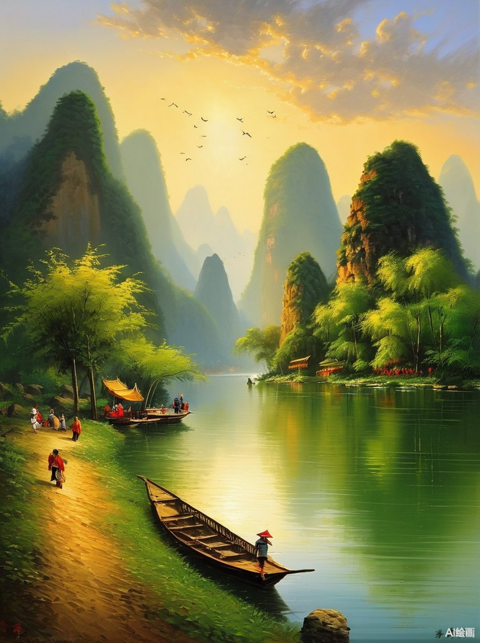 在这幅中国风的田园山水画中,山间的房屋,河流与划船的两人,仿佛在