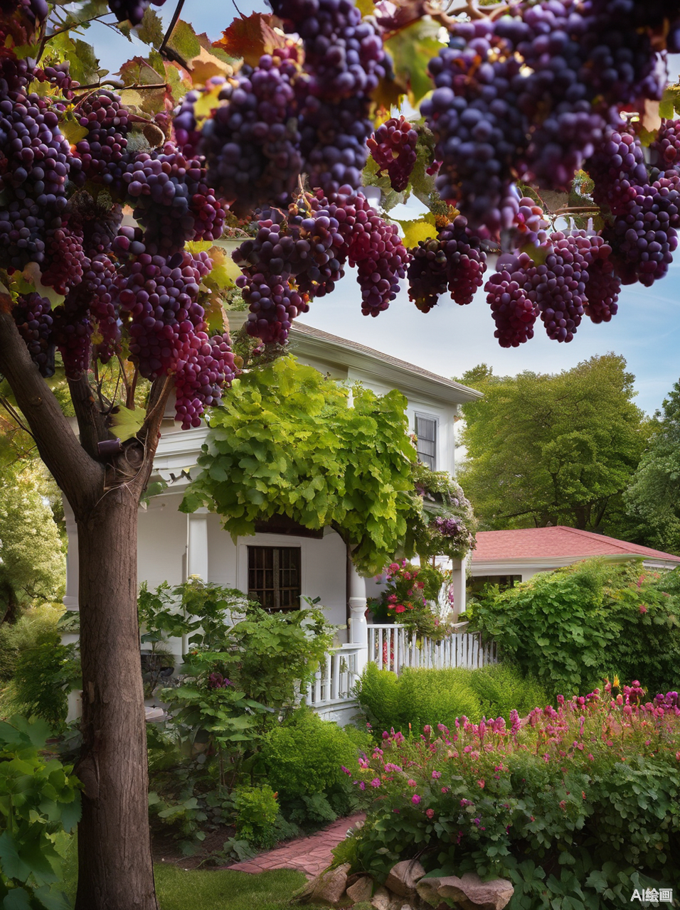 在初秋的午后,一串串紫色的葡萄在阳光下闪耀,仿佛是自然界的珍珠.