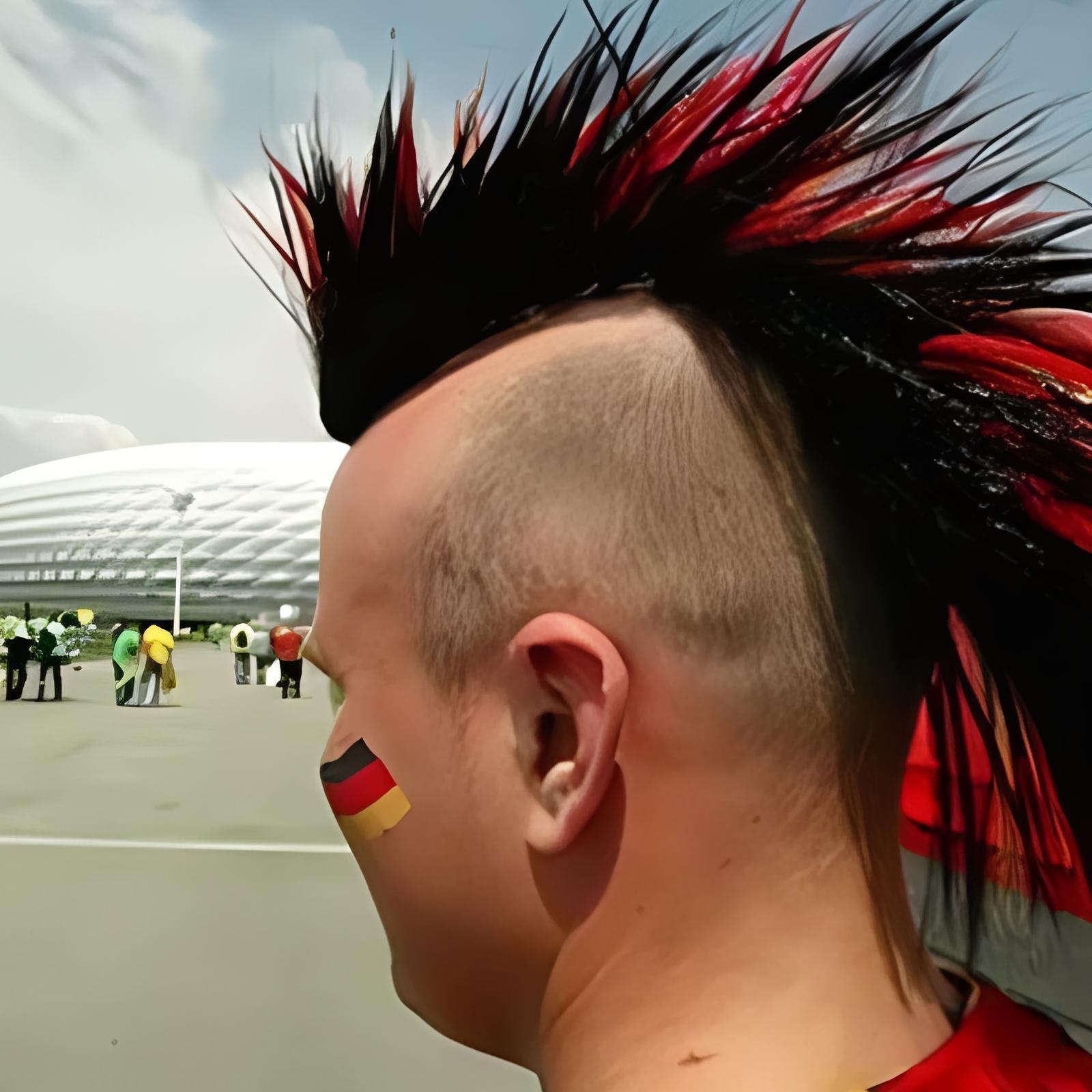 的头发男搞笑超级刺头理发鸡火图案头上顶着一轮弯刀发型非主流发型