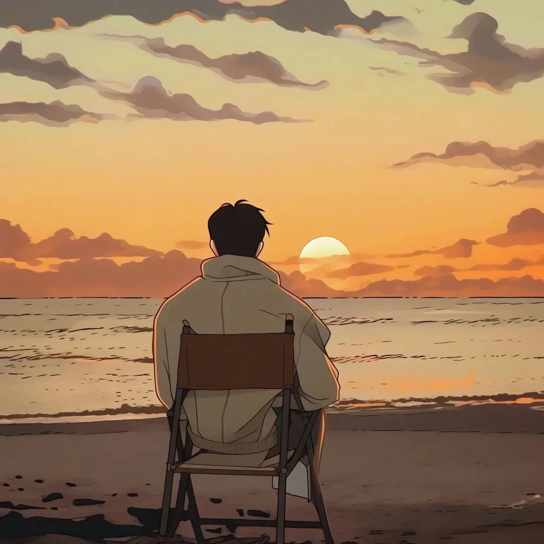 背影男 咖啡海边绘画有夕阳的头像男背影懦夫用的头像坐着看海背影男