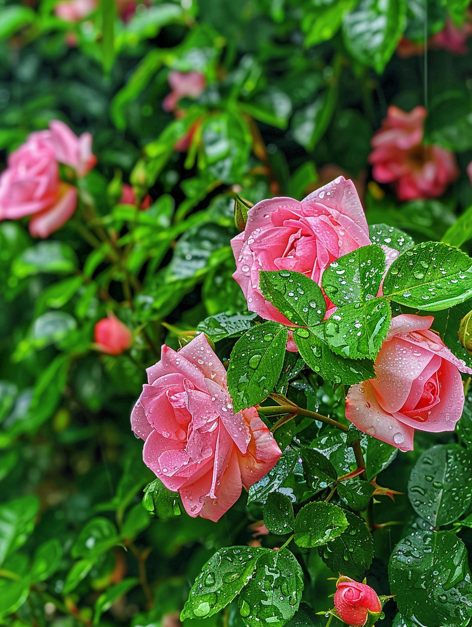 雨后的月季花,宛如娇羞的少女,在绿叶的映衬下更显婀娜多姿.