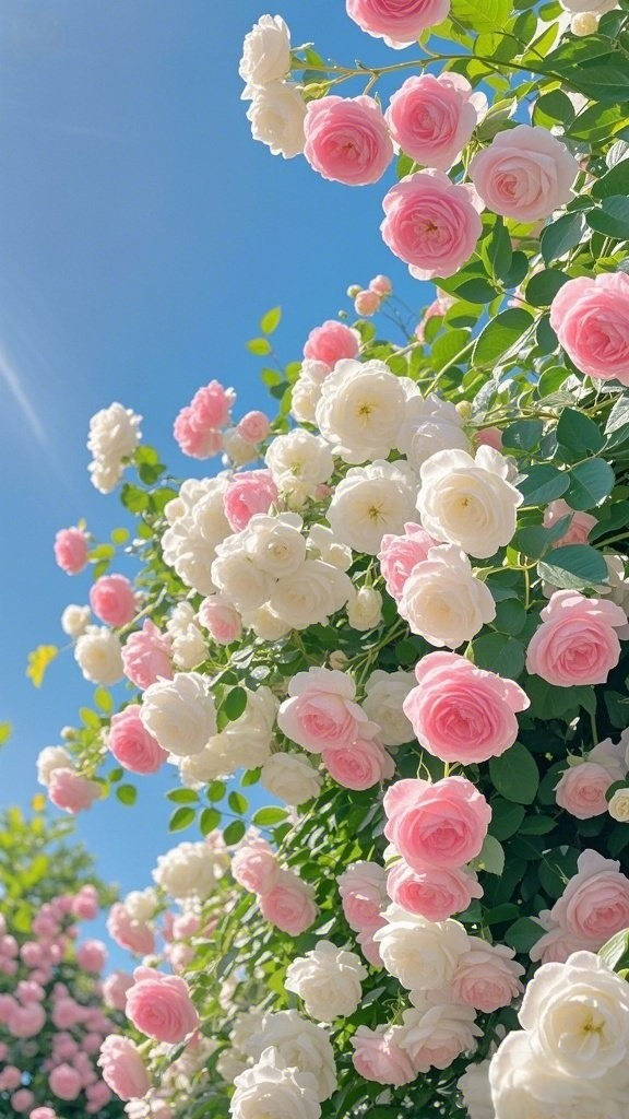 抬头望去,尽是粉白蔷薇花点缀着翠绿枝叶,在蓝天下更显娇艳