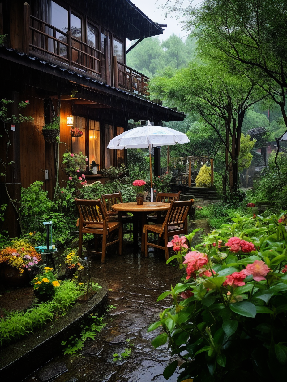 91939715 在这清新的户外庭院里,雨水轻轻拂