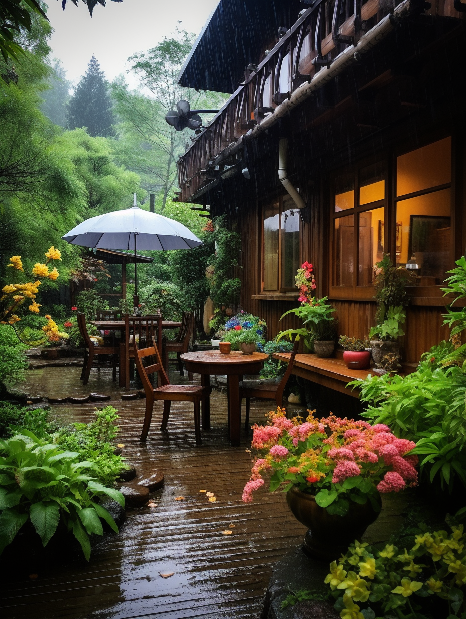 91939715 在这清新的户外庭院里,雨水轻轻拂