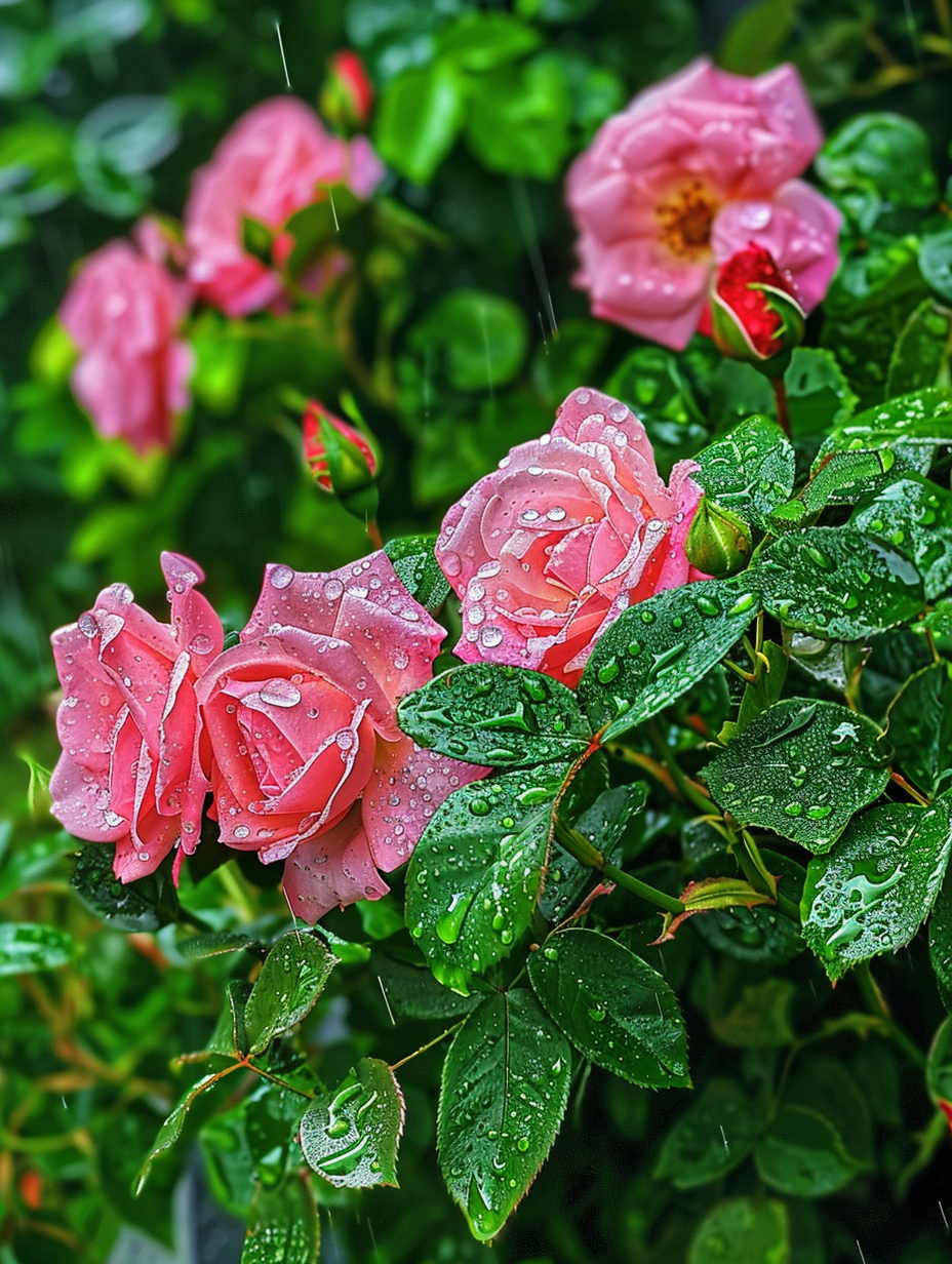 雨后的月季花,宛如娇羞的少女,在绿叶的映衬下更显婀娜多姿.