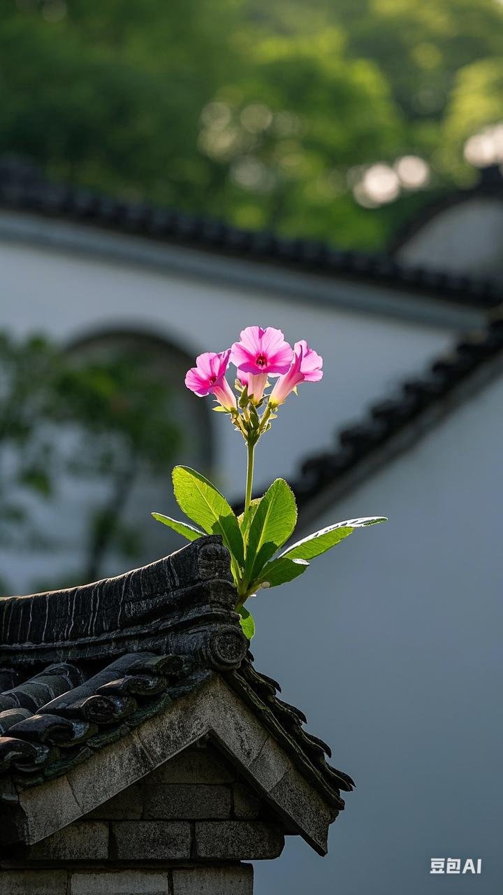 青瓦墙头,粉花绽露