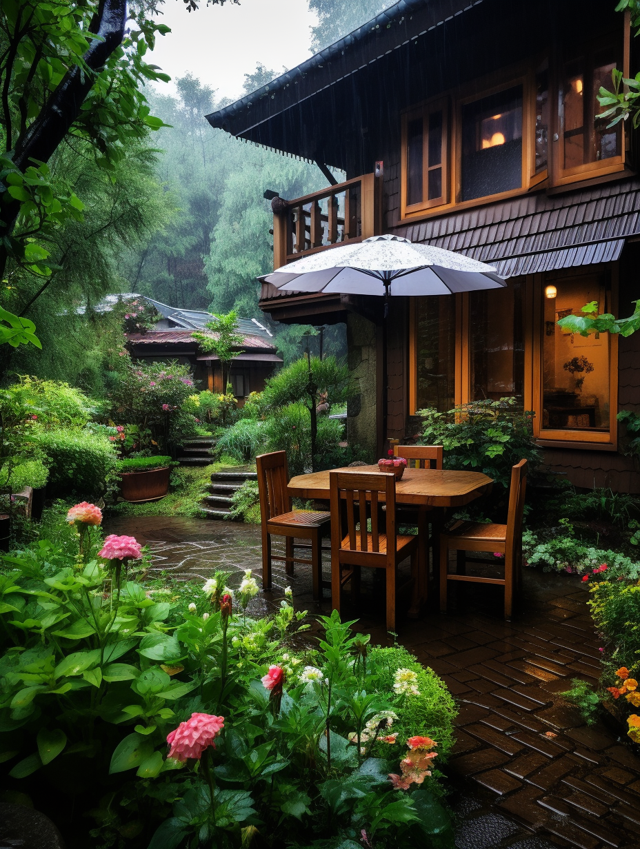 91939715 在这清新的户外庭院里,雨水轻轻拂