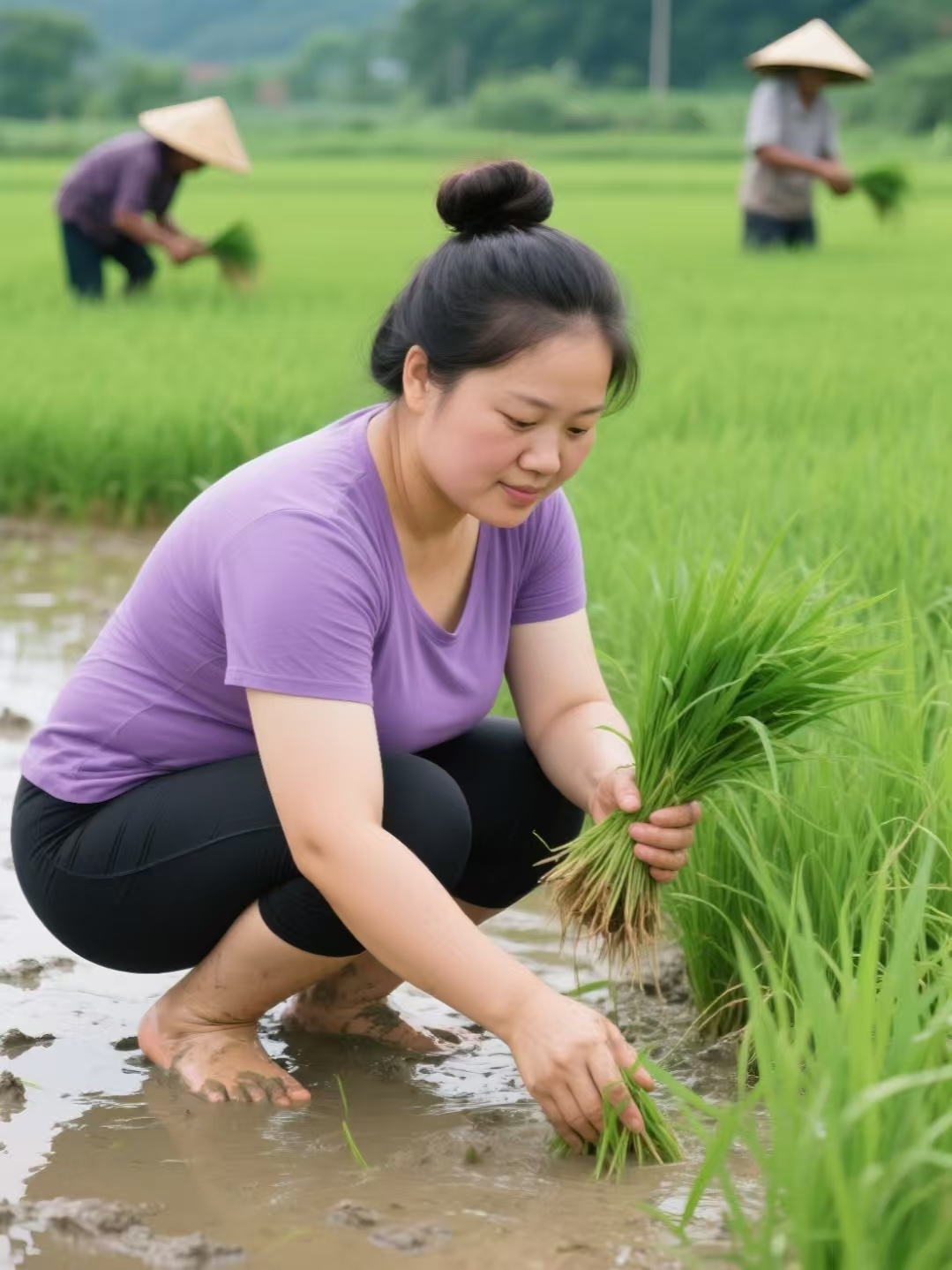 田园好时光,美女插秧正忙,每一次俯身,皆是对土地的