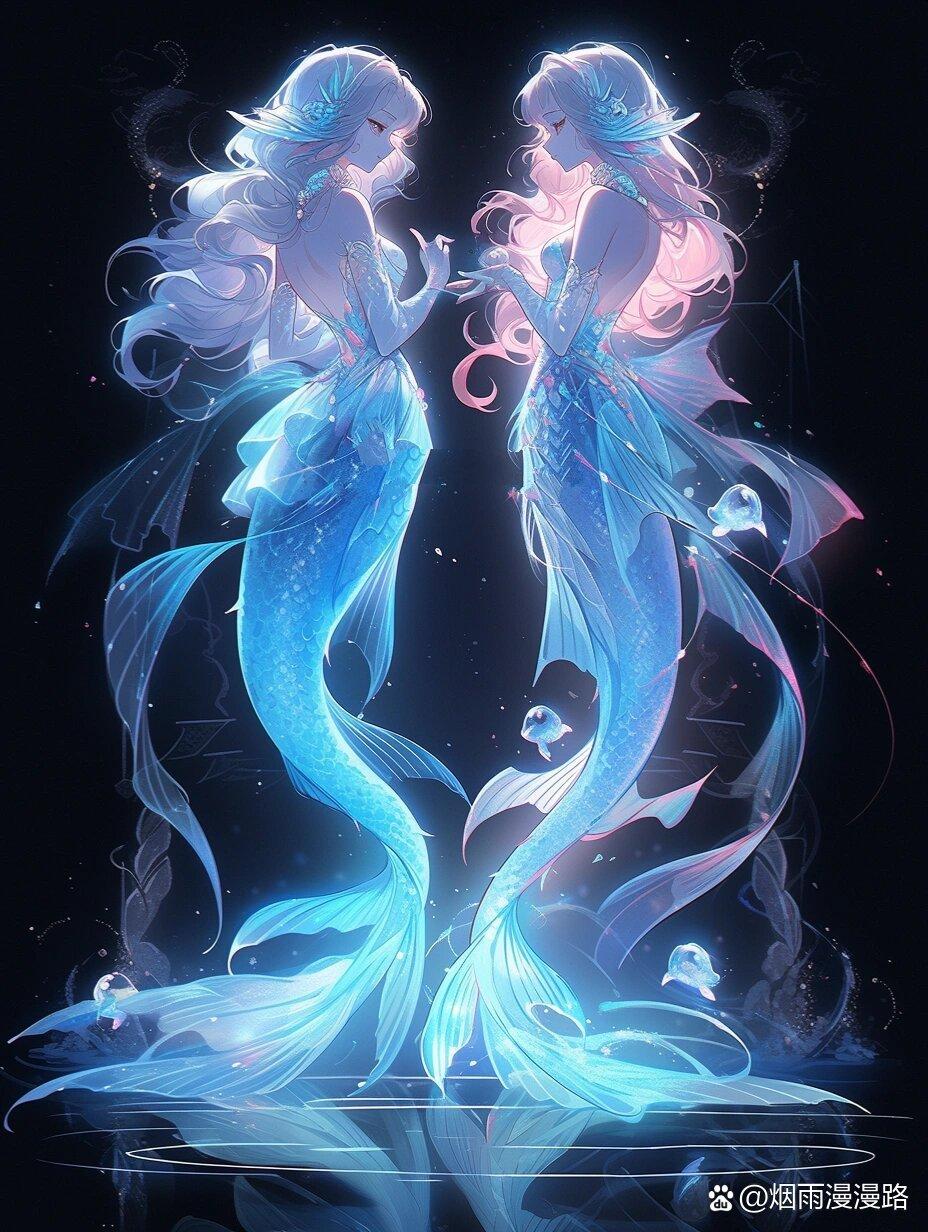 星光之下,水波之中,蓝发与粉发的双鱼舞动,长裙飘逸如梦.