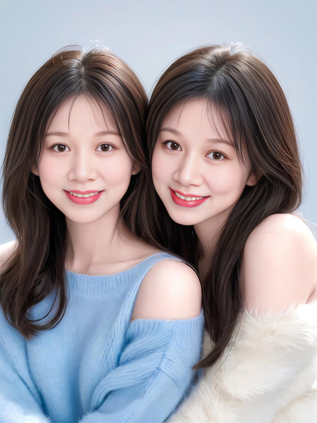 两个年轻的亚洲女孩,身穿黄色和白色毛衣,妆容精致,红唇明艳,双目有神