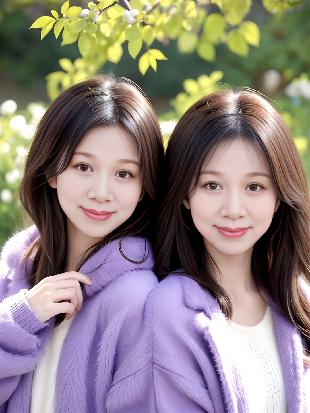 两个年轻的亚洲女孩,身穿黄色和白色毛衣,妆容精致,红唇明艳,双目有神