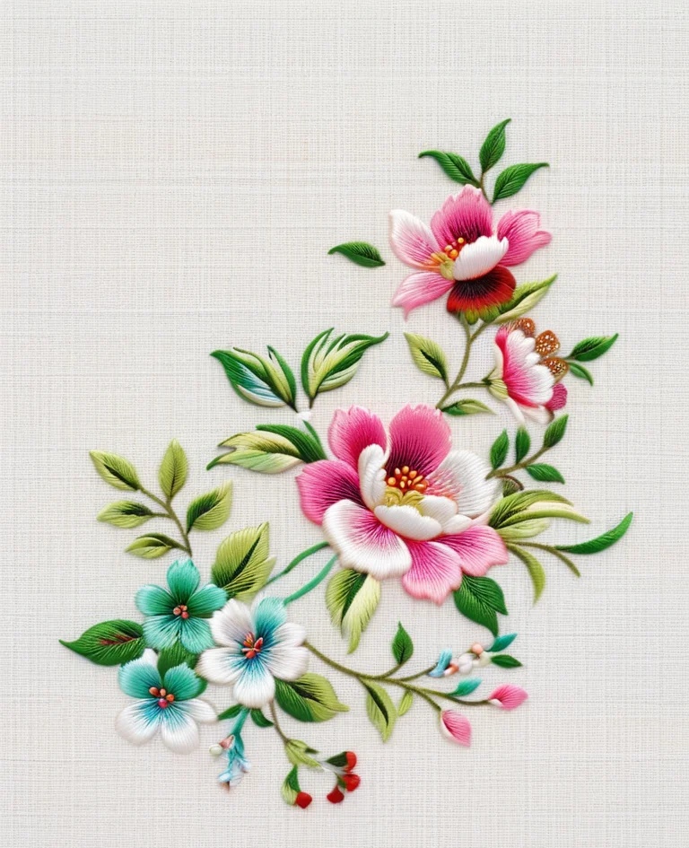 将各种花草放在了绣布之上,再借助先进的立体刺绣技法,使花儿生动逼真