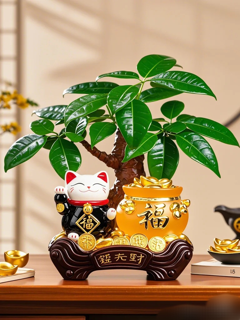 吉祥的"福"字,而树下那只憨态可掬的招财猫,笑容洋溢,仿佛预示着好运