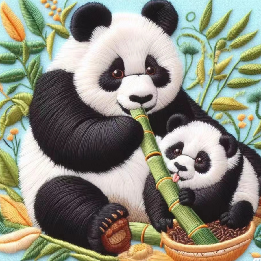 大熊猫母子,竹林间悠然进食,萌态四溢.