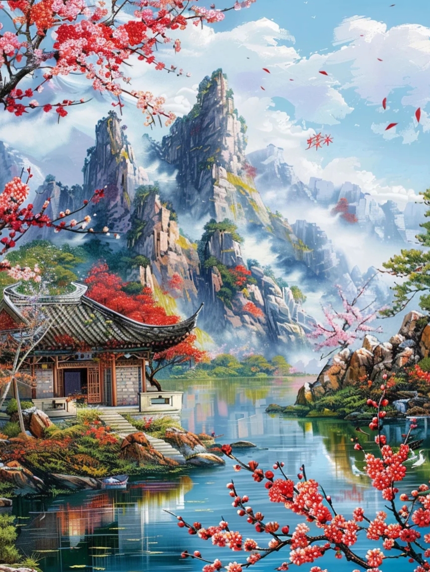 春山秋水画中游,樱花绽放如梦似幻.