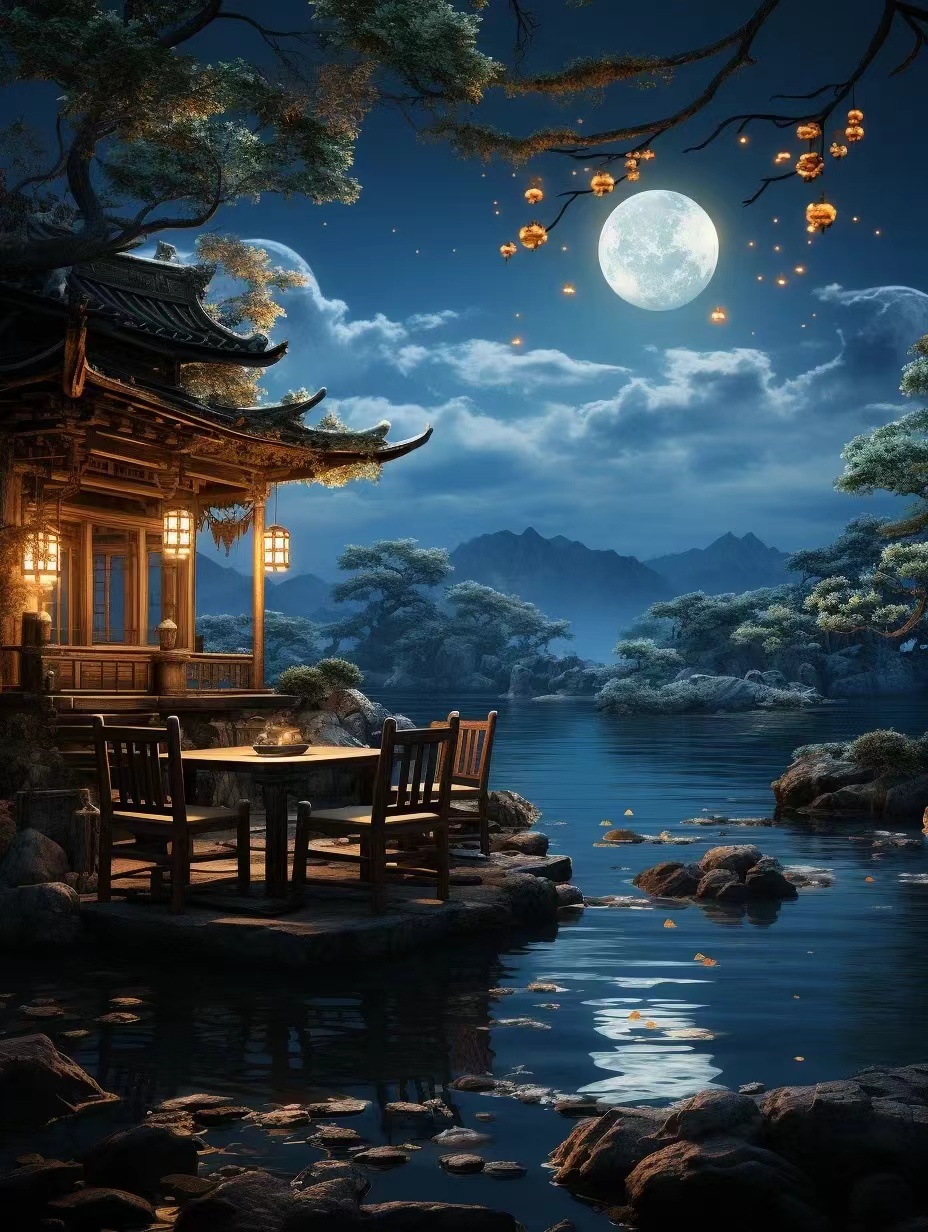 夜幕低垂,湖边的中式亭子,在月光下显得分外宁静.