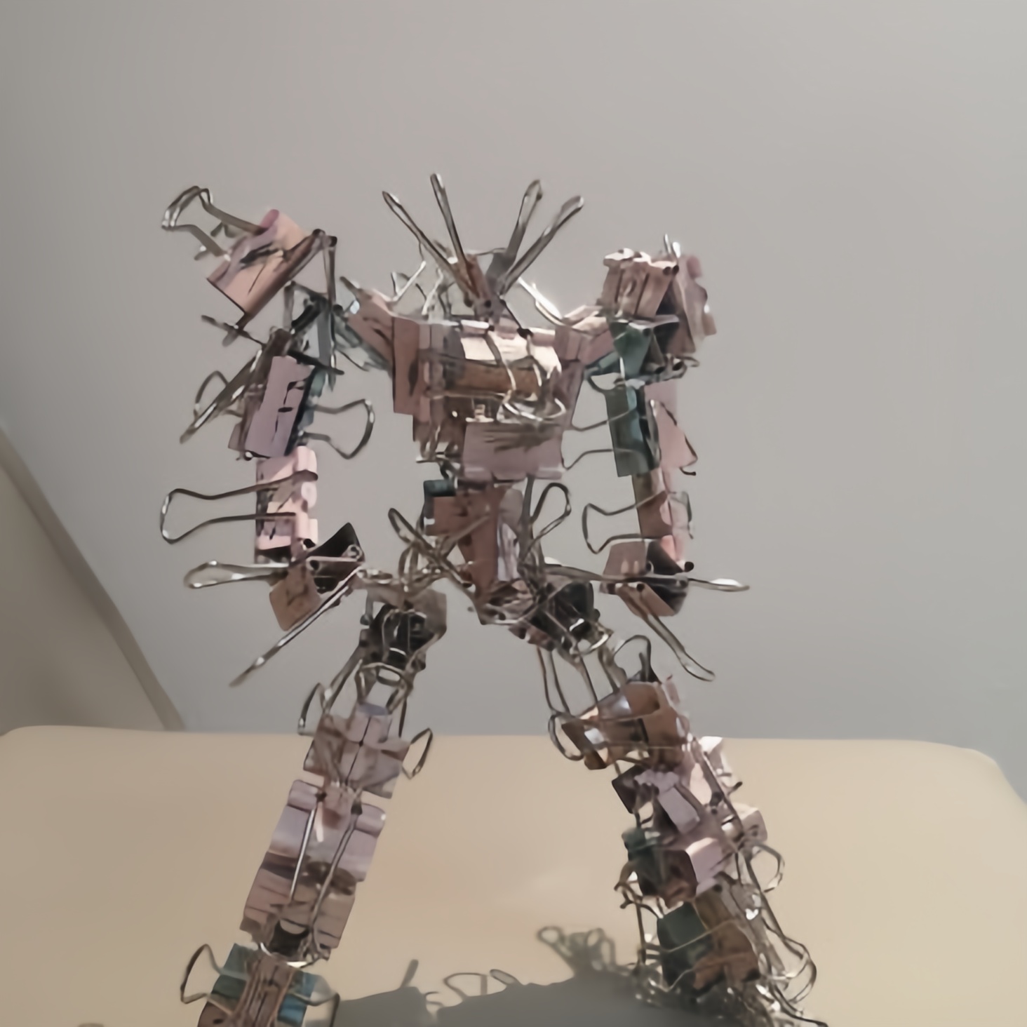 粉色,白色,灰色…各种颜色和大小的回形针巧妙拼接,打造出一个站立的