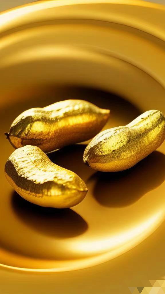 三颗黄金色的花生,它寓意着吉祥与财富同来,它不仅是富饶的代名词,更