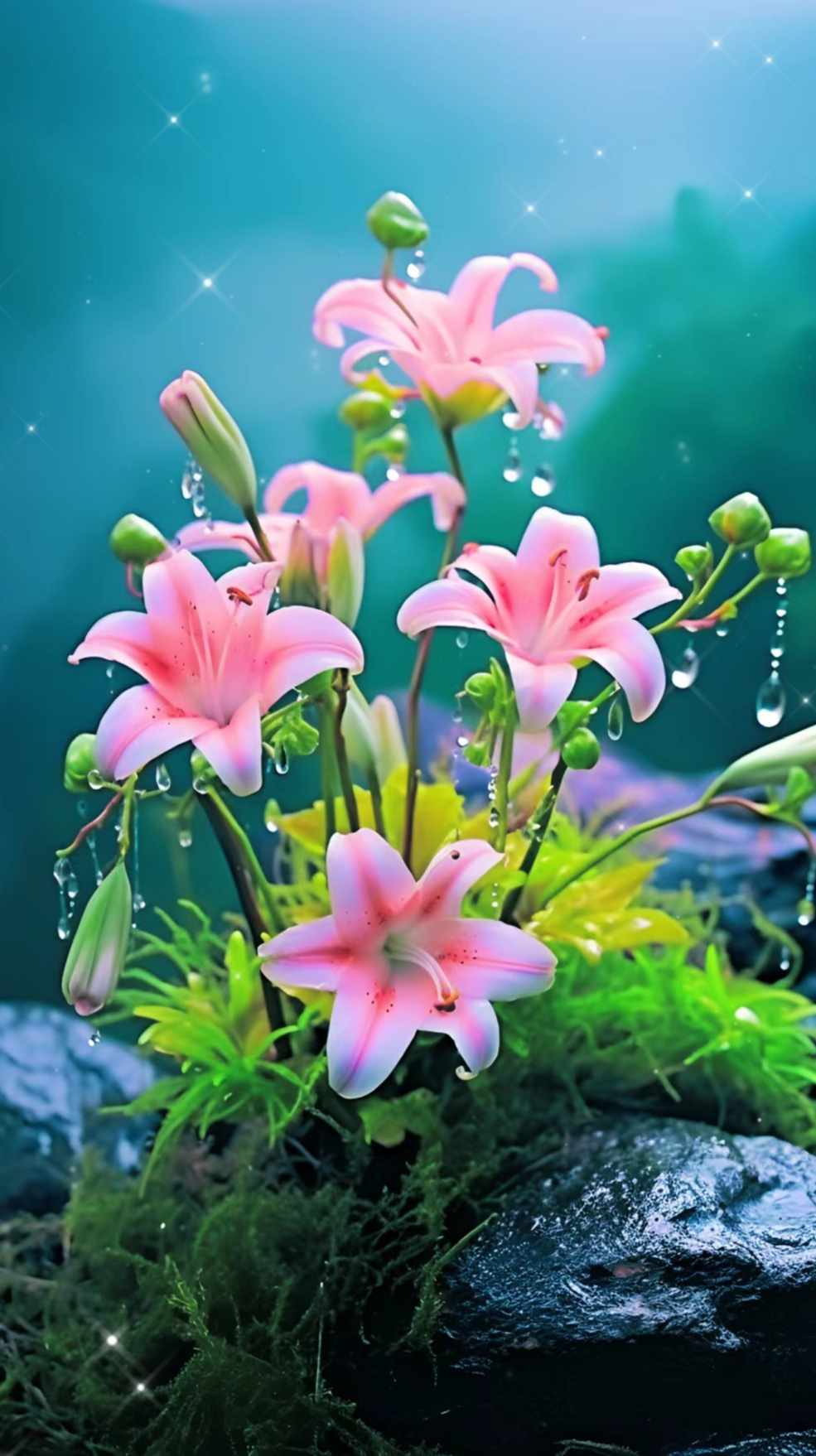 在山石裂缝间,野百合悄然绽放,那雨露滋润下的粉瓣,清新脱俗,美得令人