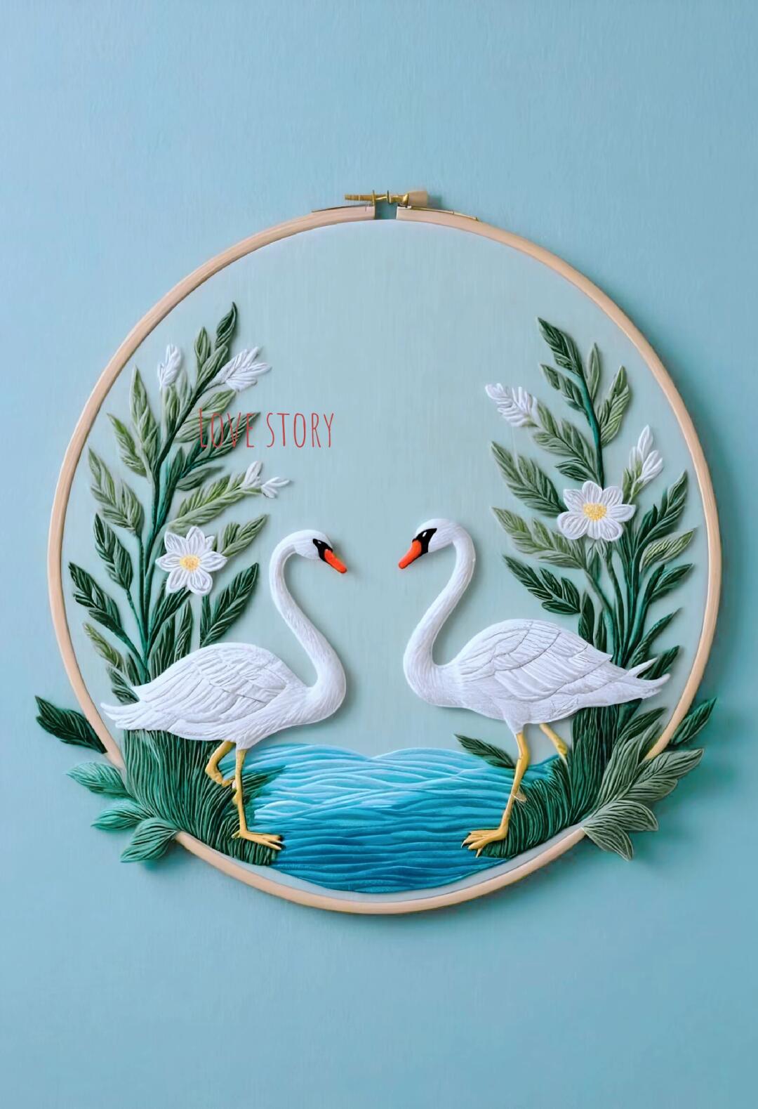 画面中央的两只白天鹅,羽毛被精细地刺绣出来,仿佛每一根羽毛都在