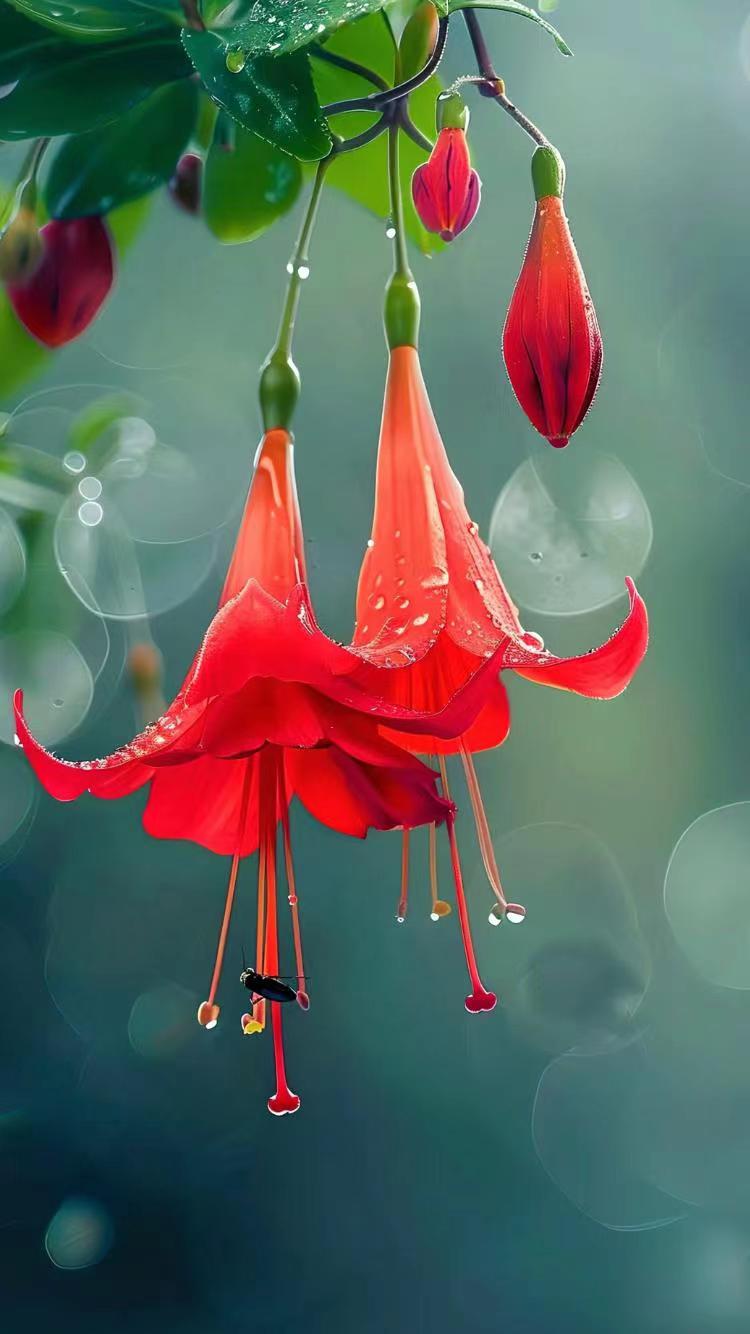雨后的花园,垂吊的红色喇叭状花朵上挂的露珠,宛如大自然的眼眸,闪烁