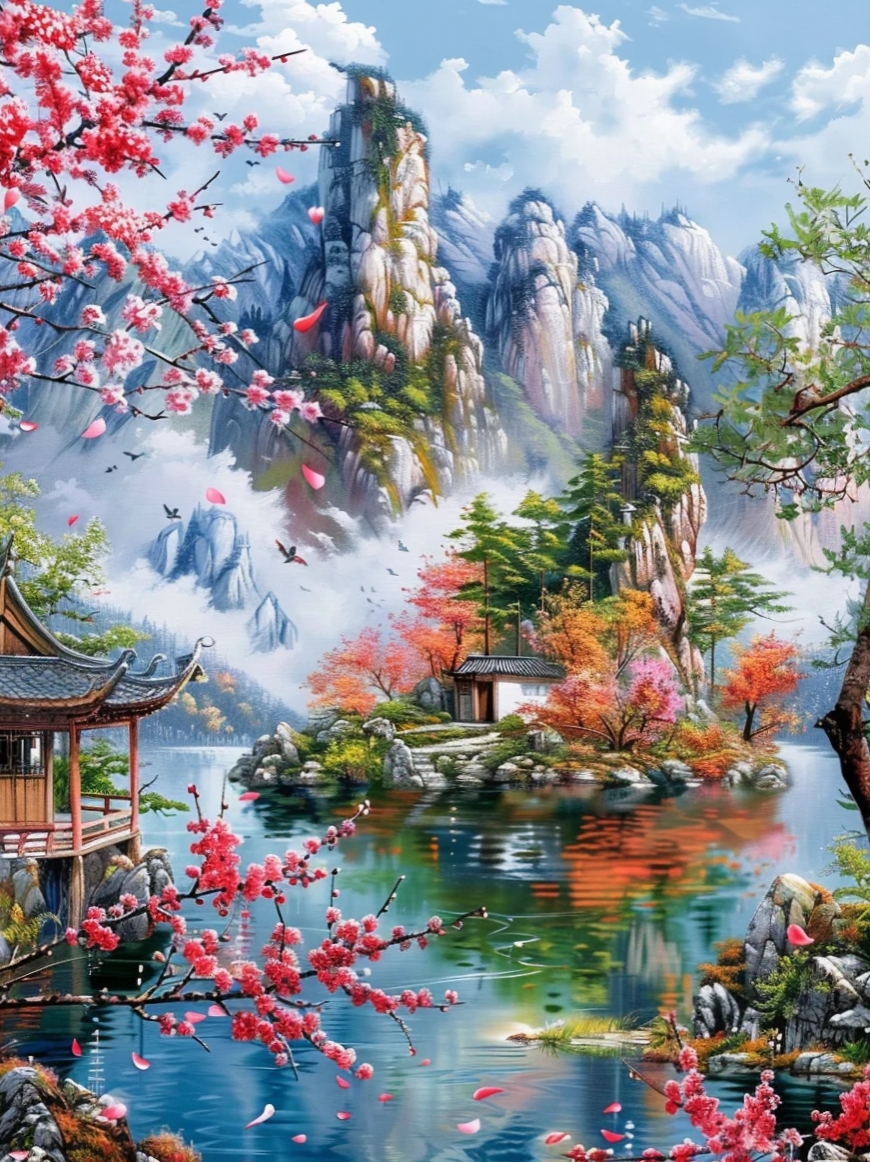 春山秋水画中游,樱花绽放如梦似幻.